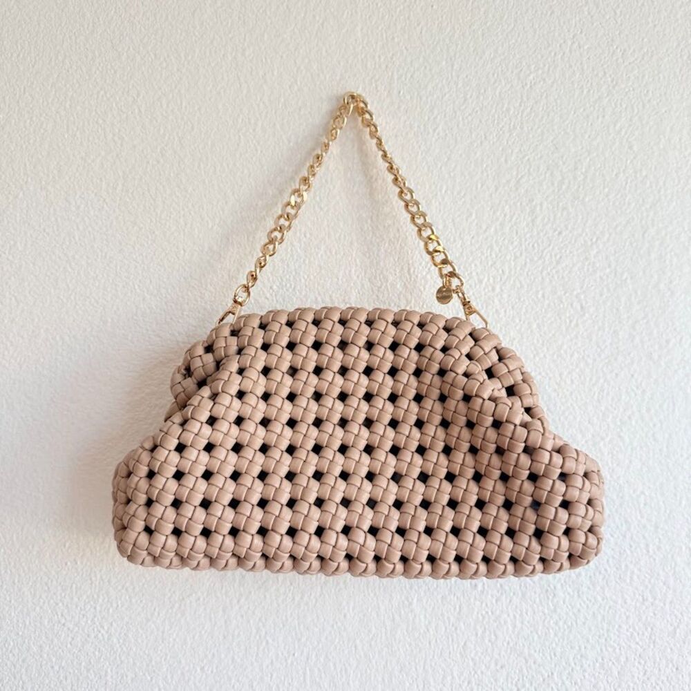 Olga Berg Everly Natural Handwoven Faux Leather Clutch with Gold Crossbody Chain - Picture 9 of 16
